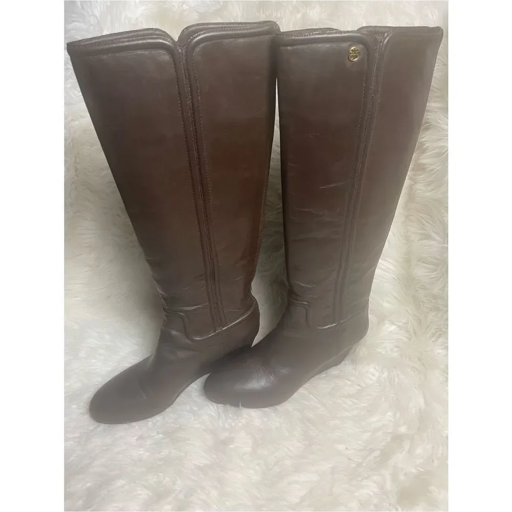 Tory Burch leather Brown Knee-High Wedge Boots back zipper gold tone accent.SZ11